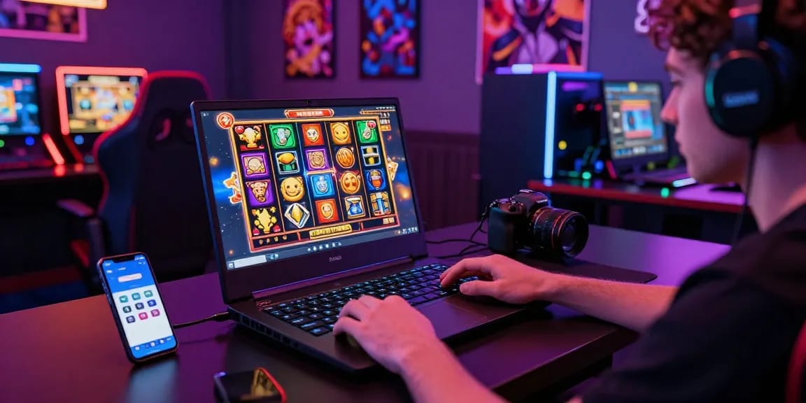 Slot gacor modern ditampilkan dalam pengaturan gaming penuh warna dengan simbol dan grafik menarik.
