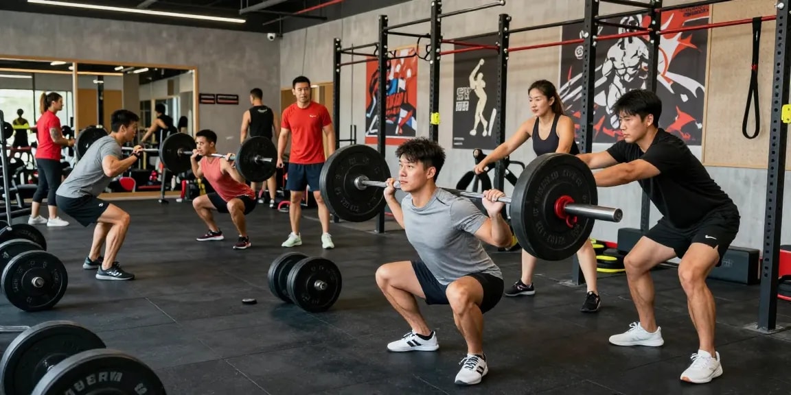 Atletische man traint bij Unique Pharma Steroïden Winkel met barbell squat in levendige sportschool.