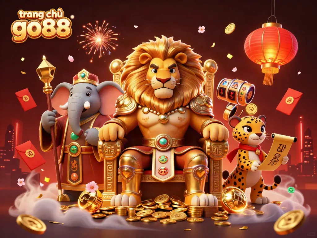Experience the excitement of trang chủ go88 with a vibrant illustration of a lion king amidst golden treasures and joyous celebrations.