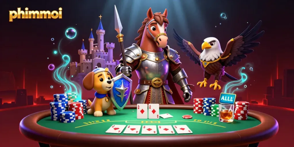 Engage in thrilling phimmoi poker action with a knight and puppy in a vibrant, immersive casino setting.