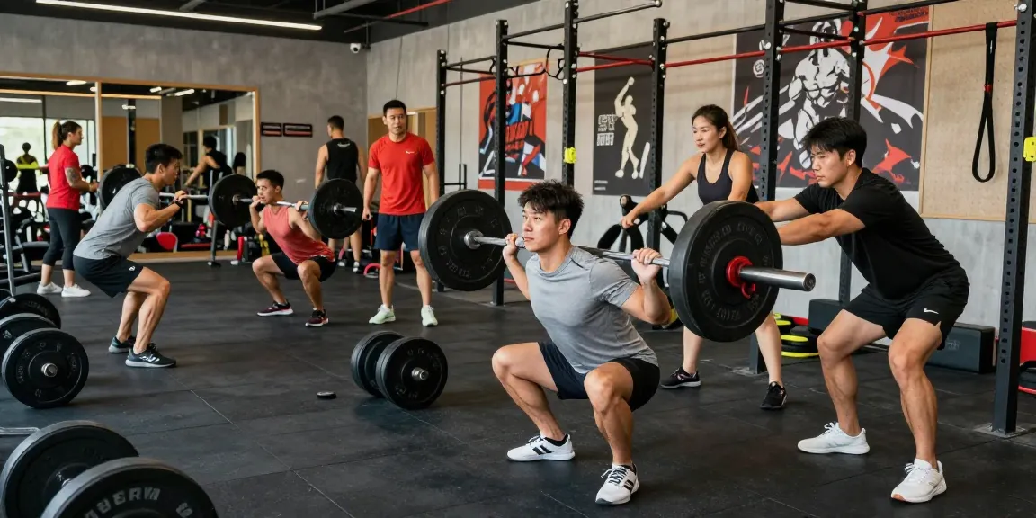 Atletische man traint bij Unique Pharma Steroïden Winkel met barbell squat in levendige sportschool.