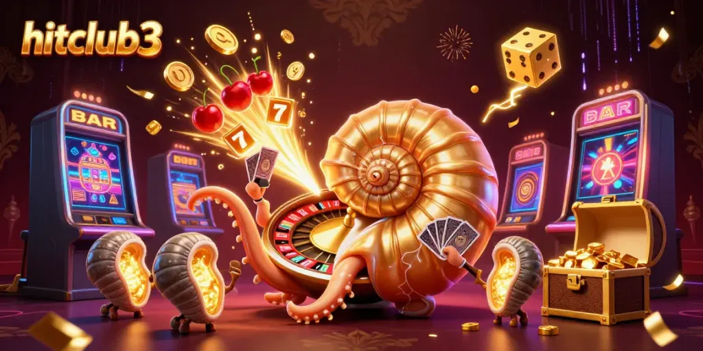 Engage with hitclub3's thrilling casino game scene showcasing a giant nautilus roulette wheel, jackpots, and vibrant gaming elements.