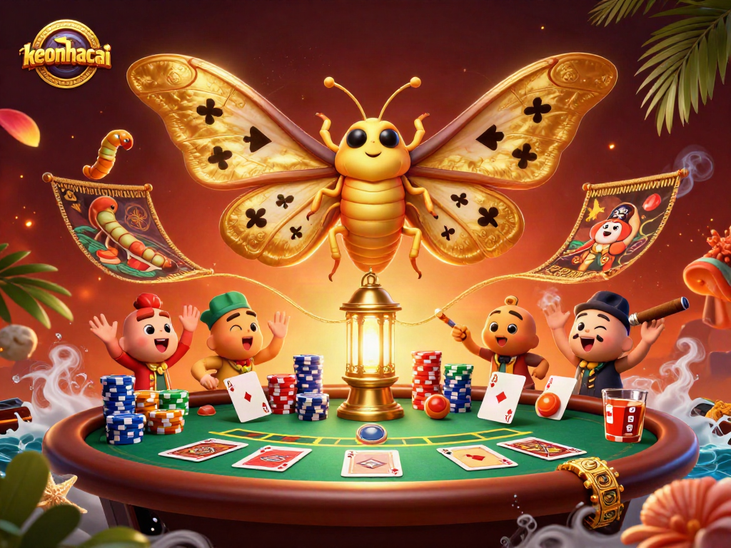 Engage with keonhacai's vibrant casino scene featuring a captivating moth and poker elements.