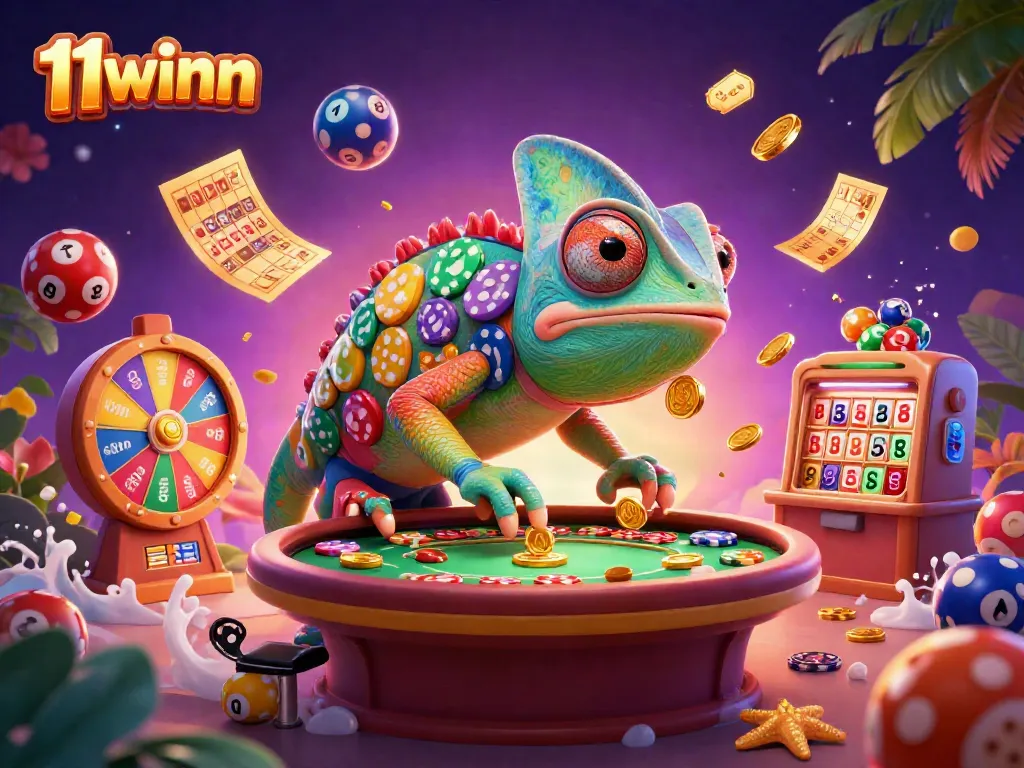 11winn casino owner chameleon collects golden coins while colorful lottery balls scatter