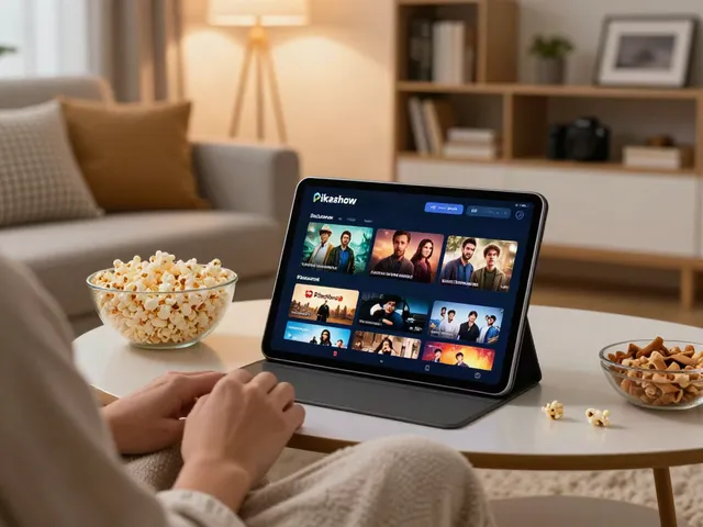 Stream Pikashow app on a tablet in a cozy living room setup showcasing entertainment options.