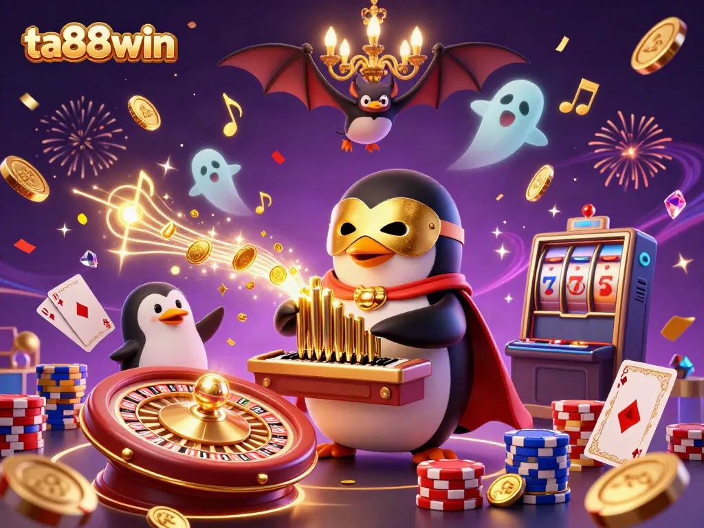 Engage in thrilling gaming adventures with ta88win's vibrant casino atmosphere illustrating a 3D penguin organist playing amid golden coins and festive elements.