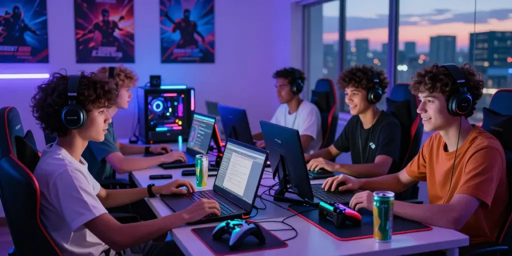 Exciting gaming atmosphere with players at home using laptops and consoles at https://manclub1.jp.net/ surrounded by colorful LED lights and game posters.