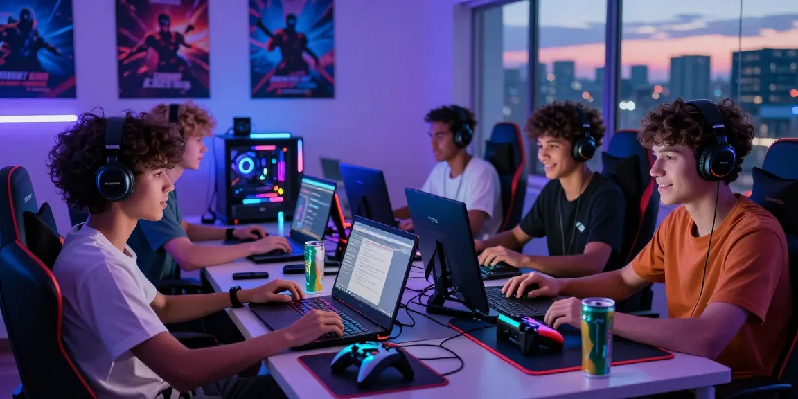 Exciting gaming atmosphere with players at home using laptops and consoles at https://manclub1.jp.net/ surrounded by colorful LED lights and game posters.