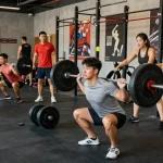 Atletische man traint bij Unique Pharma Steroïden Winkel met barbell squat in levendige sportschool.