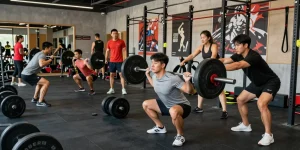 Atletische man traint bij Unique Pharma Steroïden Winkel met barbell squat in levendige sportschool.