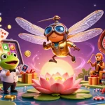 Cổng game Sunwin offers an exciting card dealing scene with a frog croupier and a dynamic dragonfly pilot above a lily pad casino.